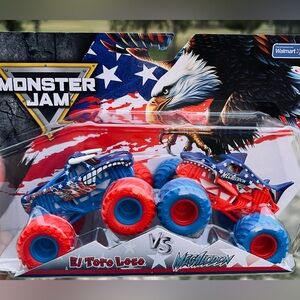 Monster Jam El Toro Loco vs Megalodon Die-Cast Trucks- Stars and Stripes RARE.